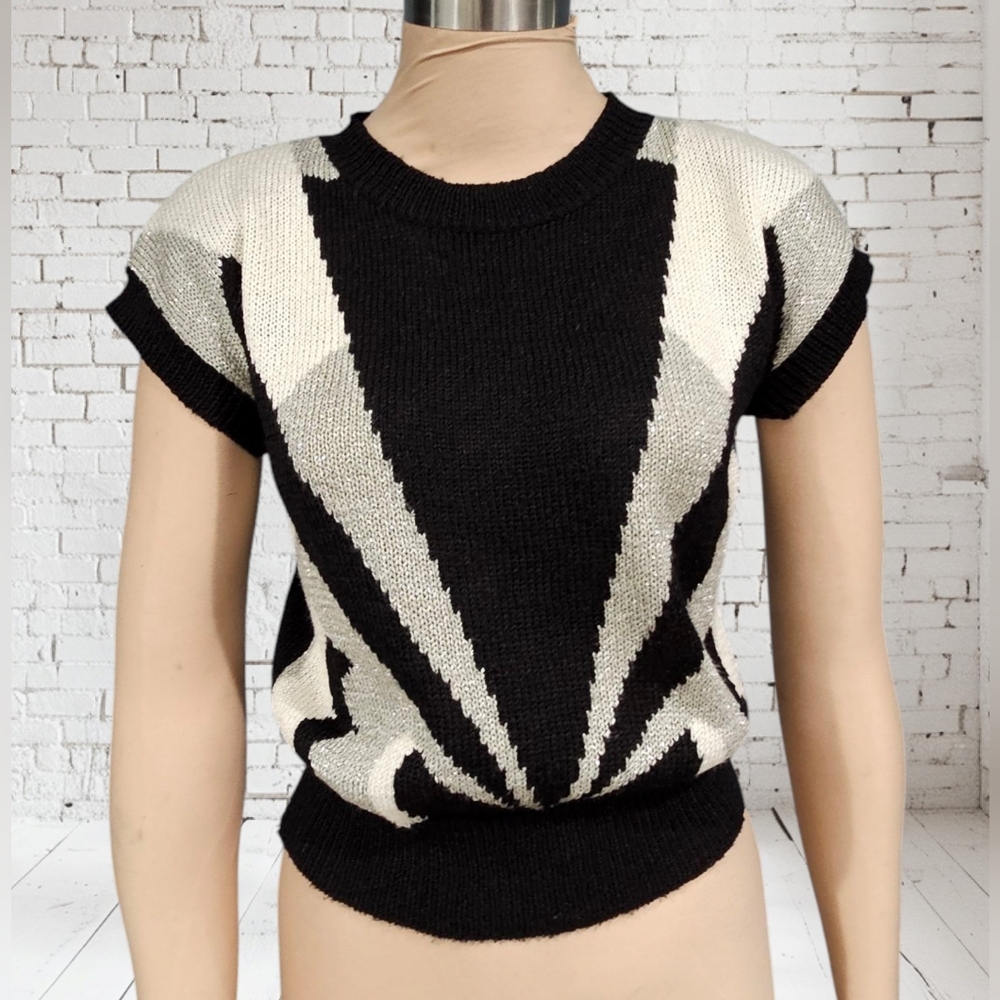 Vtg COUNTERPARTS Petites Abstract Black Silver Art Deco Knit Sweater S